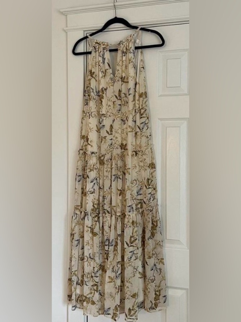DREW Cream Floral Tiered Maxi Skirt with Olive and Blue Accents